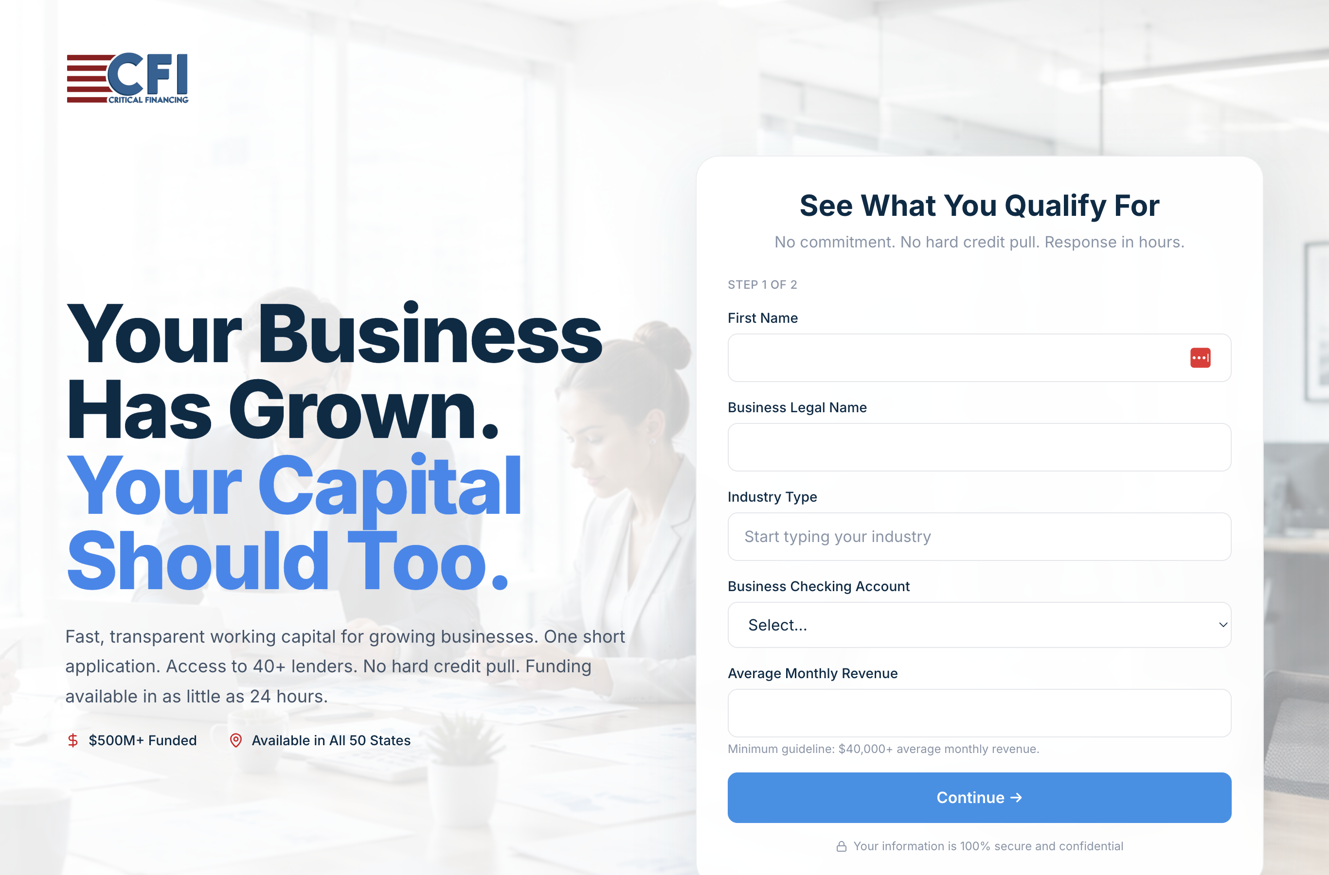 Critical Financing funnel landing page and first step of its application
