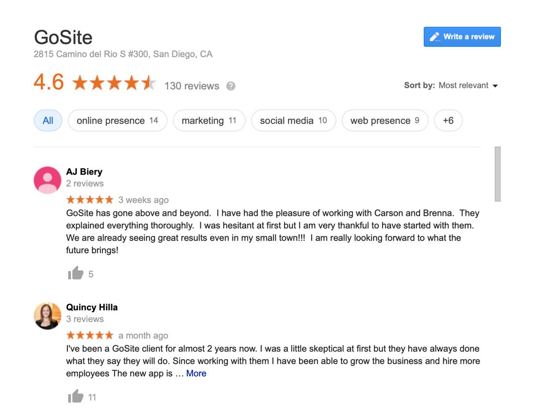 Google Business review panel showing 4.6 star rating and customer reviews