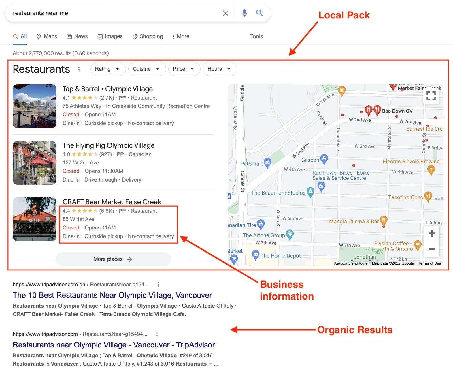 Google Local Pack showing businesses ranking in search results
