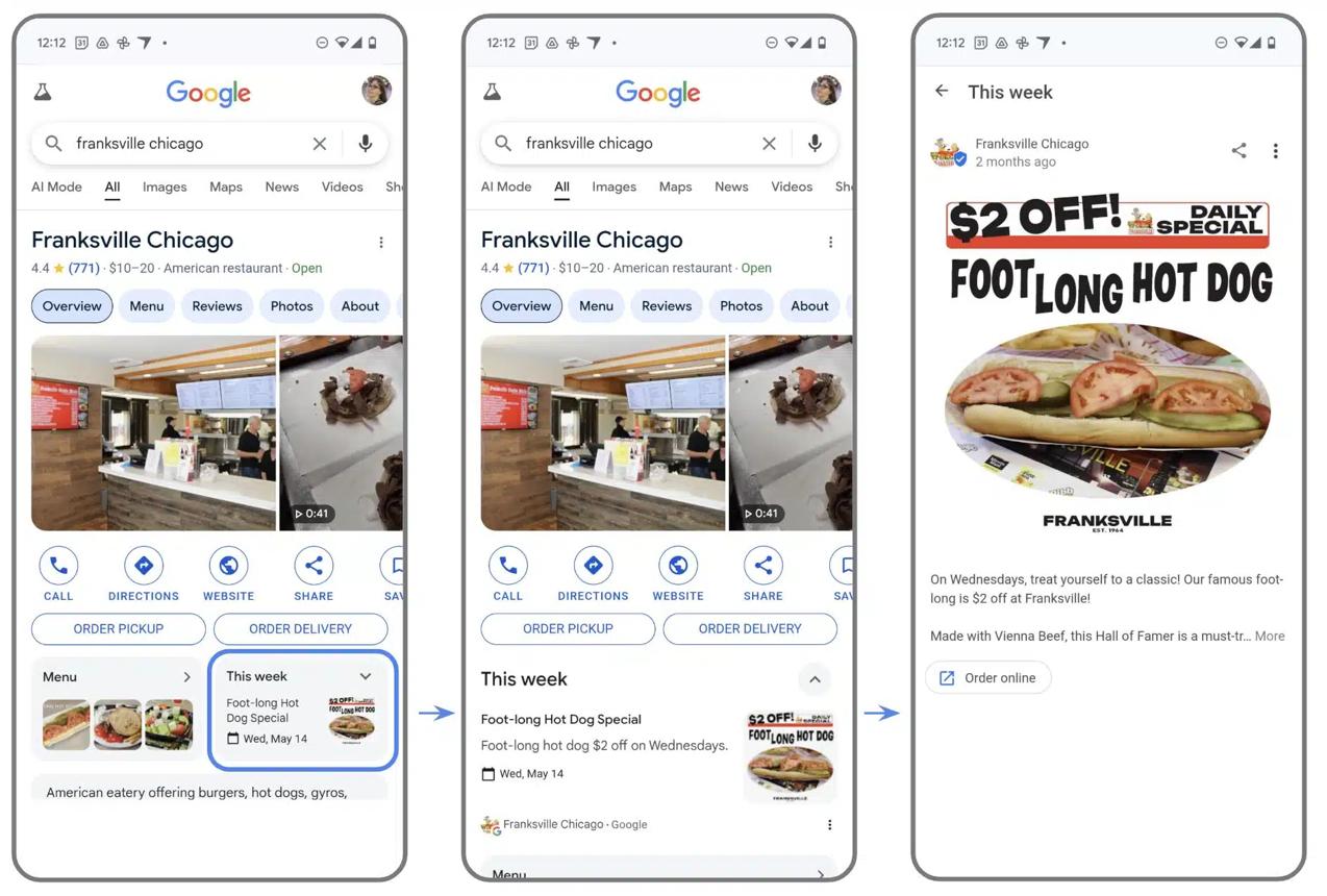 GBP weekly post showing food special on Google search