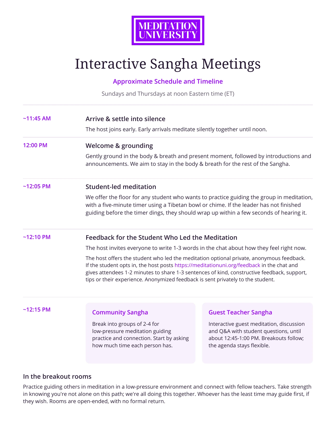 Interactive Sangha Meetings schedule for Sundays and Thursdays at noon Eastern, with student-led meditation, optional private anonymous feedback, and community or guest-teacher breakout sessions.