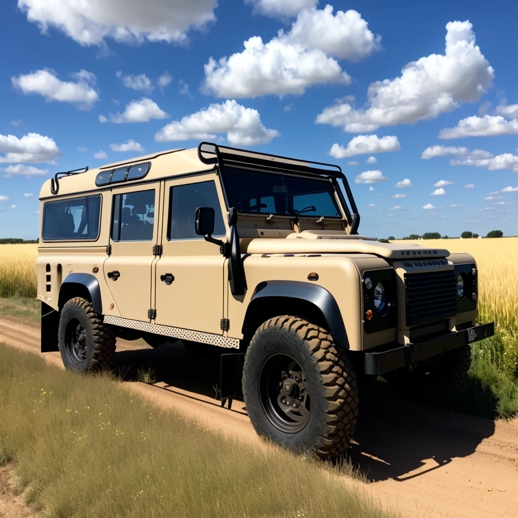 A beige Land Rover Defender suv parked on a dirt road
