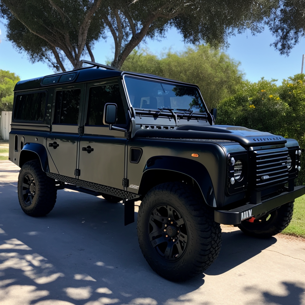 A sleek, black land rover defender 4 door for sale parked on a paved driveway