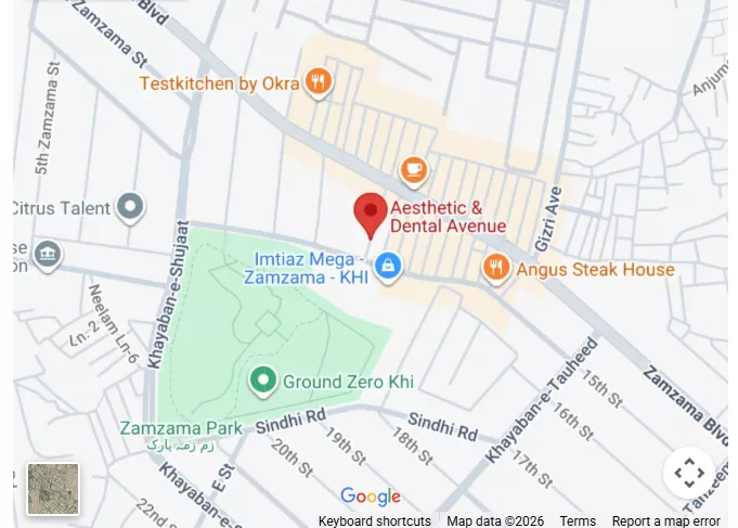 Map showing Aesthetic and Dental Avenue in Zamzama, DHA Phase 5 Karachi