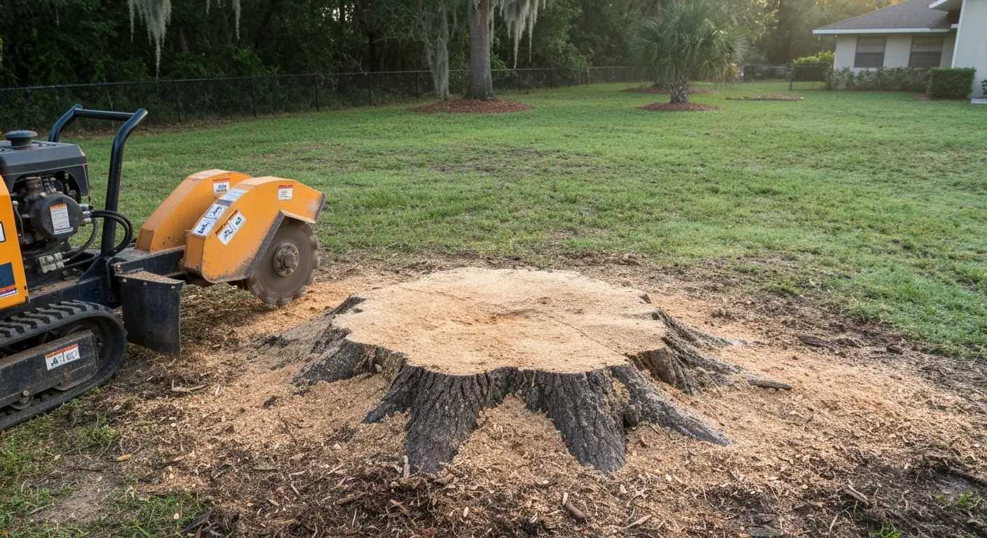 Stump grinding equipment in yard
