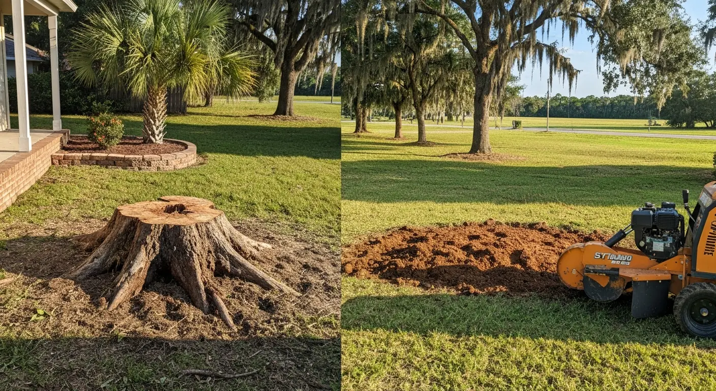 Stump grinding before and after