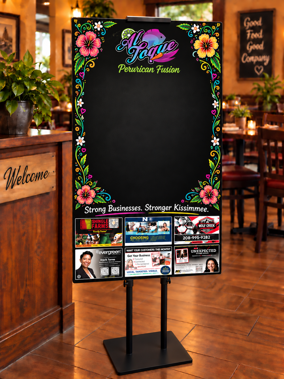 A Community Board displayed inside a local business, featuring one advertiser per industry category