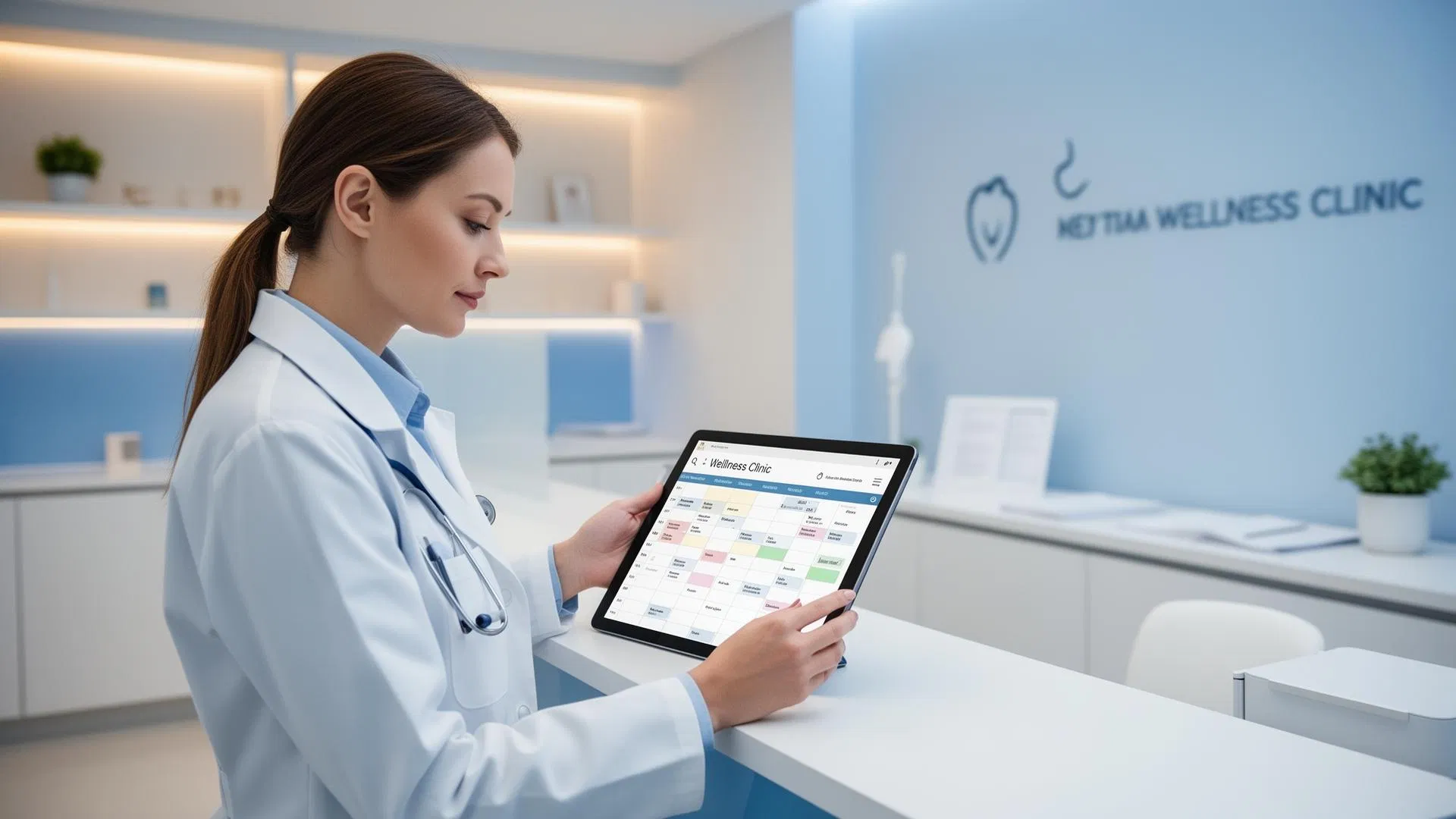 Healthcare professional reviewing an automated appointment calendar Healthcare professional reviewing an automated appointment calendar