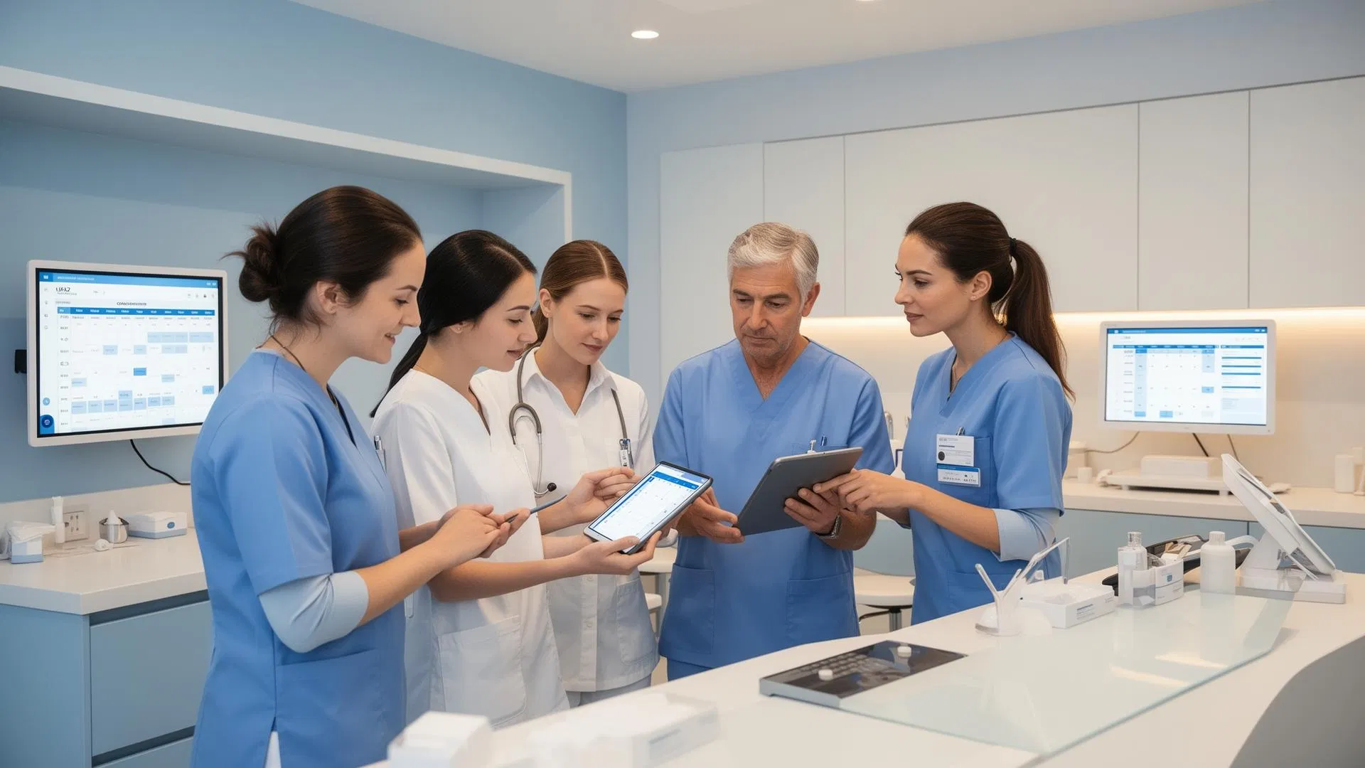 Clinic staff using tablets to manage an automated scheduling dashboard Clinic staff using tablets to manage an automated scheduling dashboard