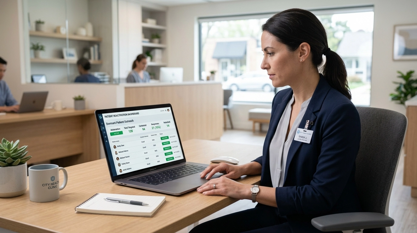 Clinic manager reviewing automated rebooking workflow Clinic manager reviewing automated rebooking workflow