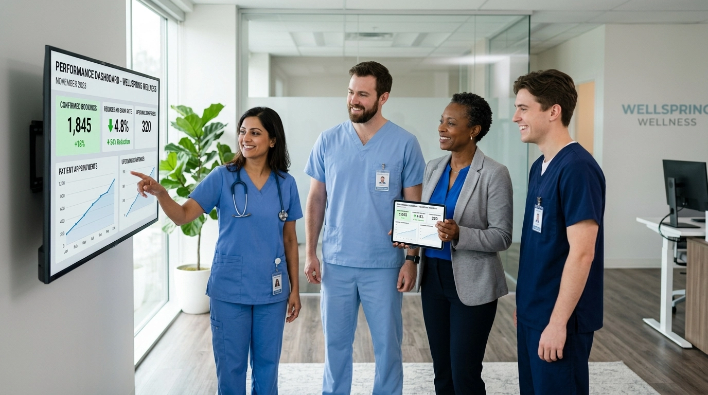 Clinic team reviewing confirmed bookings dashboard Clinic team reviewing confirmed bookings dashboard