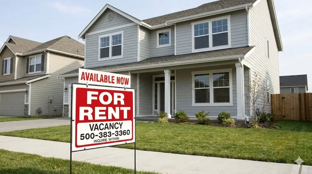 Single-family rental home with "For Rent" sign in front yard illustrating rental vacancy and property management leasing strategy
