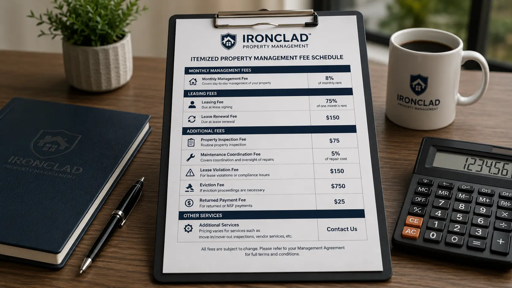 Itemized property management fee schedule on a clipboard