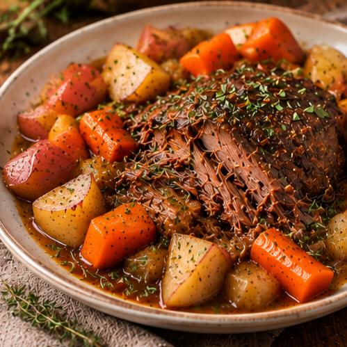 Slow cooker pot roast with carrots and potatoes