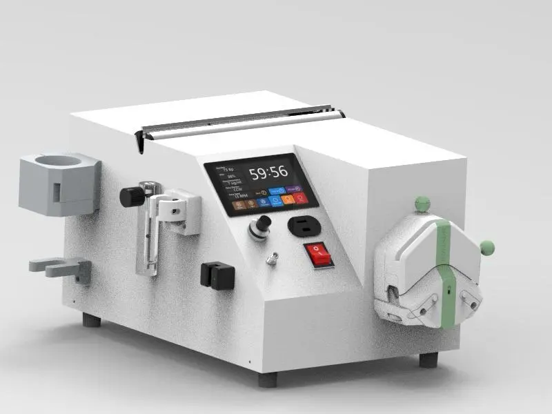 EBOO machine research device with touchscreen interface showing pump speed, timer, and ozone concentration settings