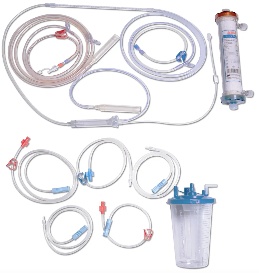 A complete EBOO consumable kit laid out on a clean laboratory table, showing the PES filter, tubing, and canister