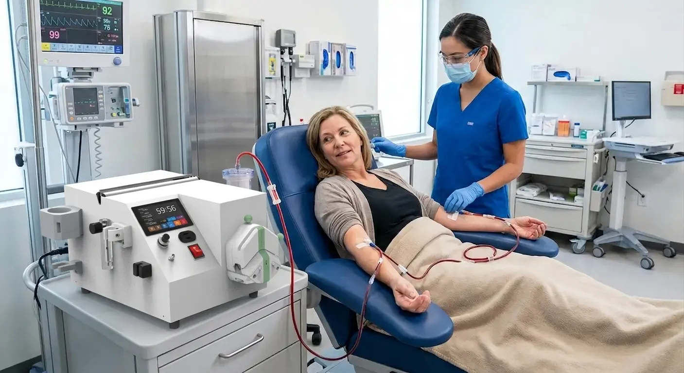 Patient in reclining chair receiving EBOO (Extracorporeal Blood Oxygenation & Ozonation) therapy, with nurse attending in a clinical setting. Patient in reclining chair receiving EBOO (Extracorporeal Blood Oxygenation & Ozonation) therapy, with nurse attending in a clinical setting.
