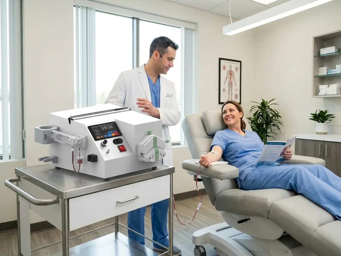 Medical grade EBOO equipment and EBO2 ozone machine set up in a professional integrative health clinic.