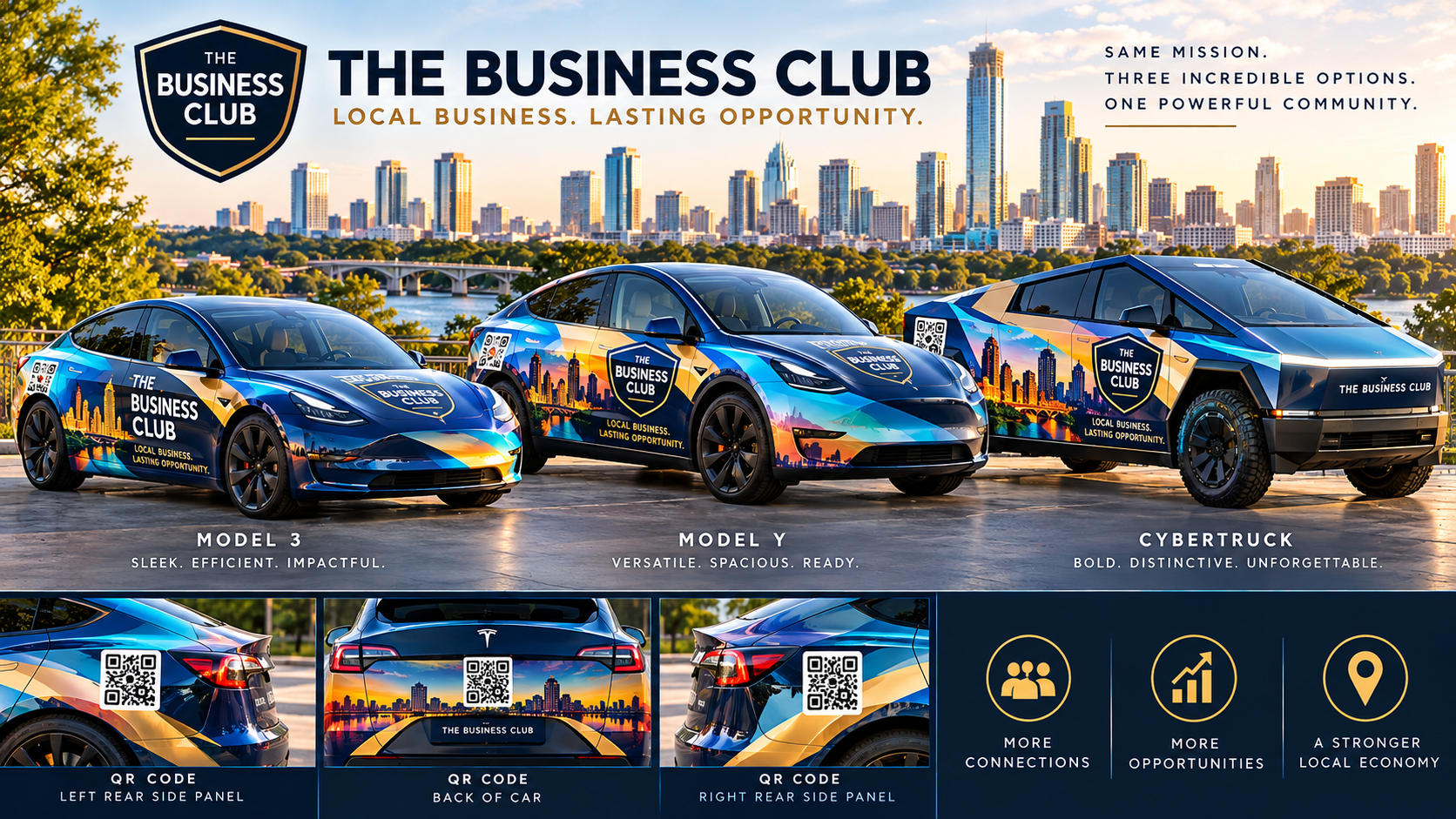 The Business Club concept wraps on Tesla Model 3, Model Y and Cybertruck