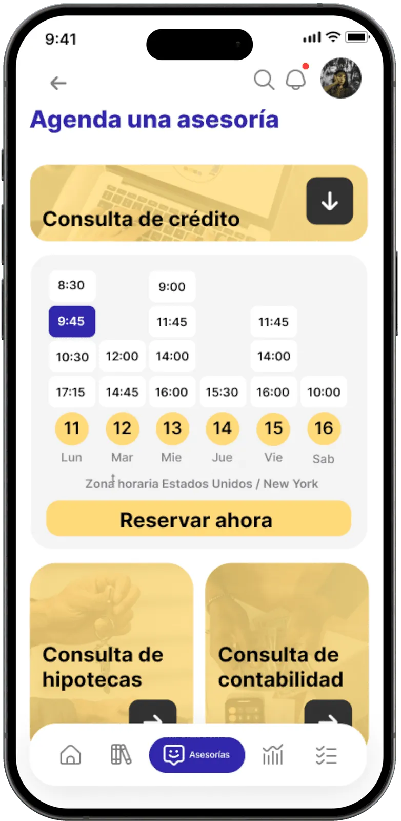 Pantalla de reserva de asesorías en la app de Truth Finance