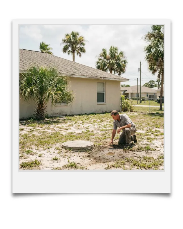 R&K Plumbing technician inspecting a septic system in a Pensacola yard