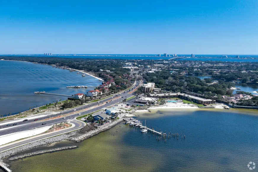 Aerial view of Gulf Breeze, FL on Pensacola Bay