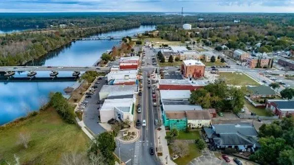 Aerial view of downtown Milton, FL along the Blackwater River
