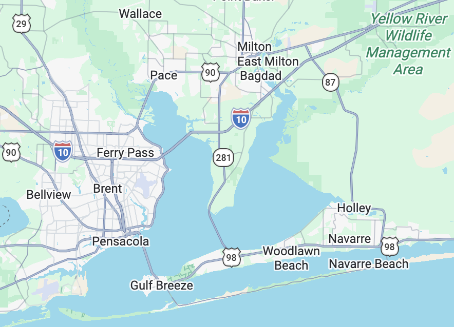 Map of R&K Plumbing's service area around Pensacola, FL