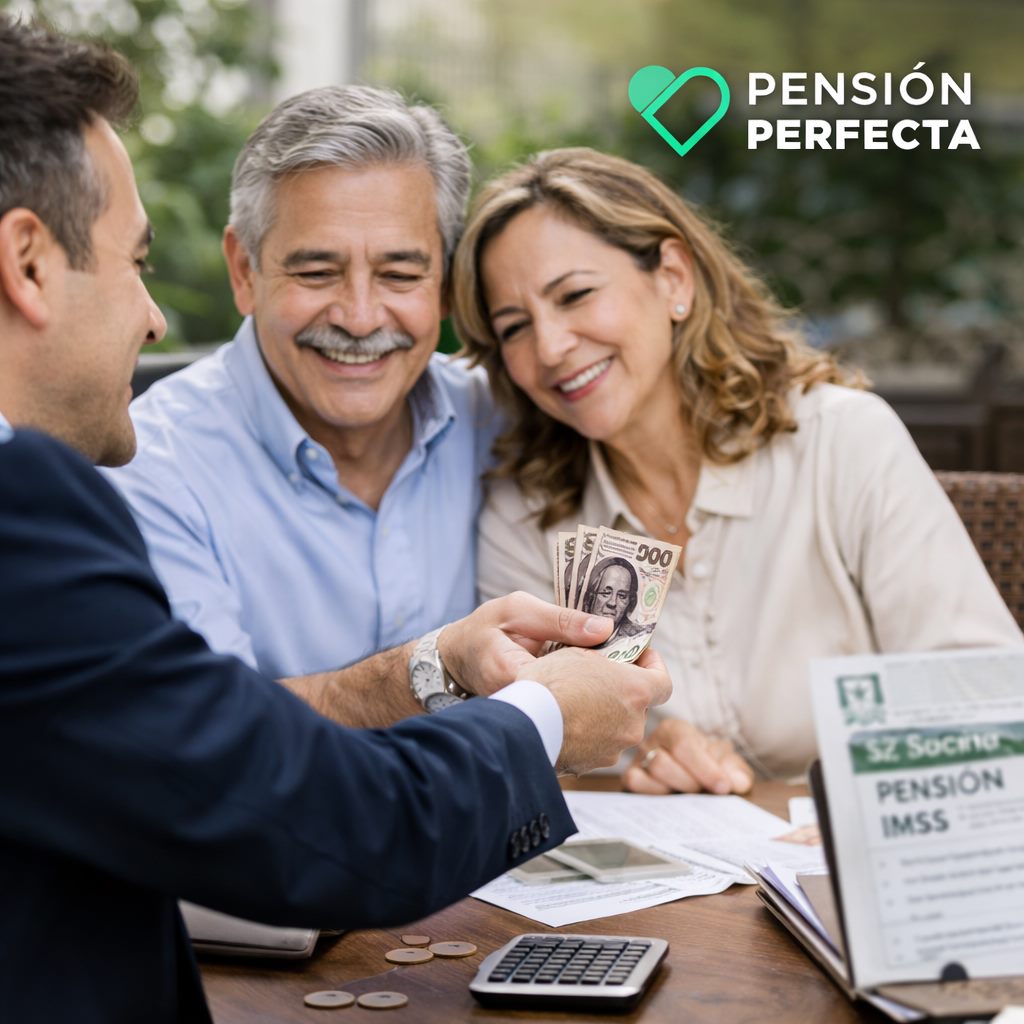 Asesor de Pensión Perfecta entregando el aumento de pensión a una pareja de clientes