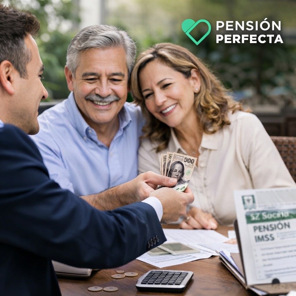 Asesor de Pensión Perfecta entregando el aumento de pensión a una pareja de clientes