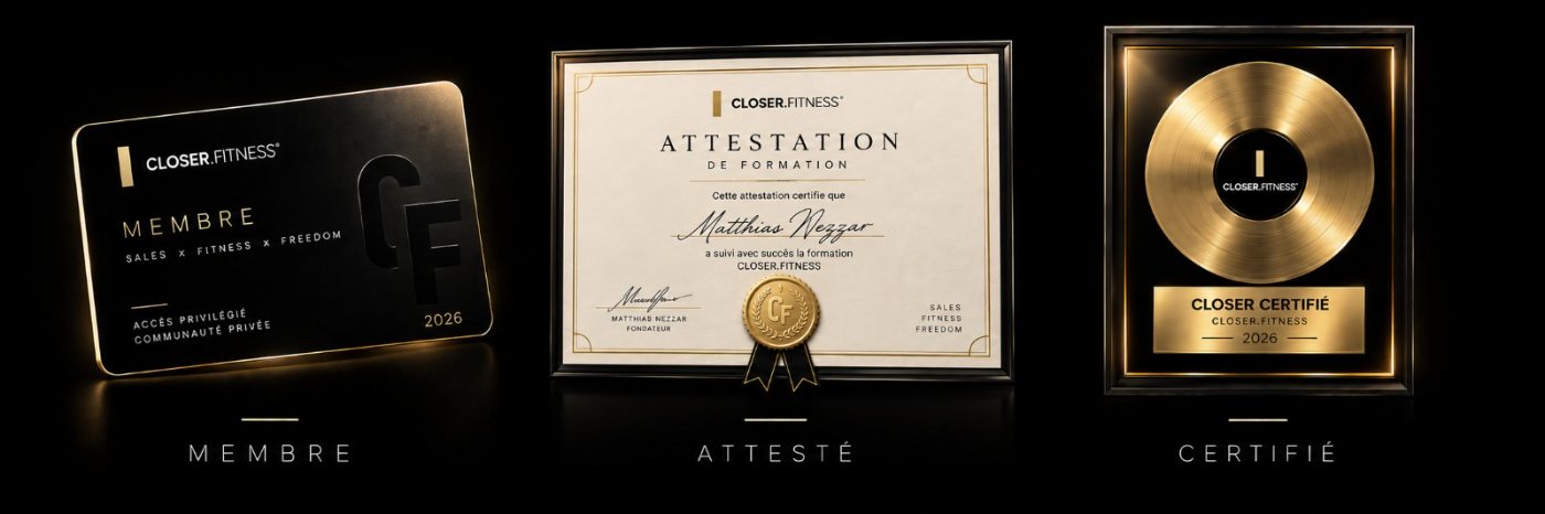 Carte de membre, disque d’or de certifié et certificat de formation Closer Fitness