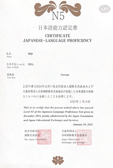 Mẫu Chứng chỉ tiếng Nhật JLPT từ N5 đến N1