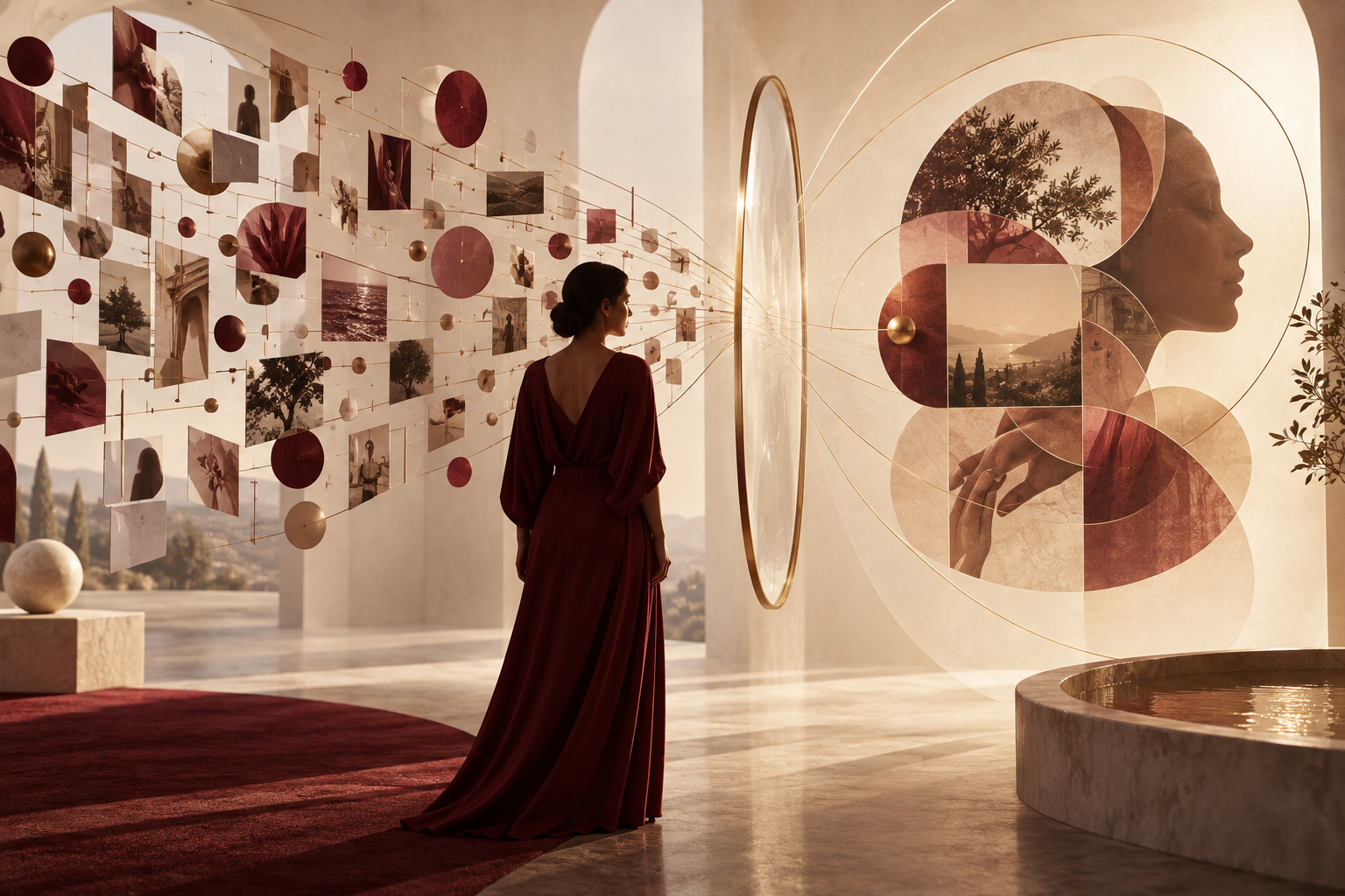 A woman viewing layered reflections and patterns, representing the distinct interpretive work of Relationship Intelligence