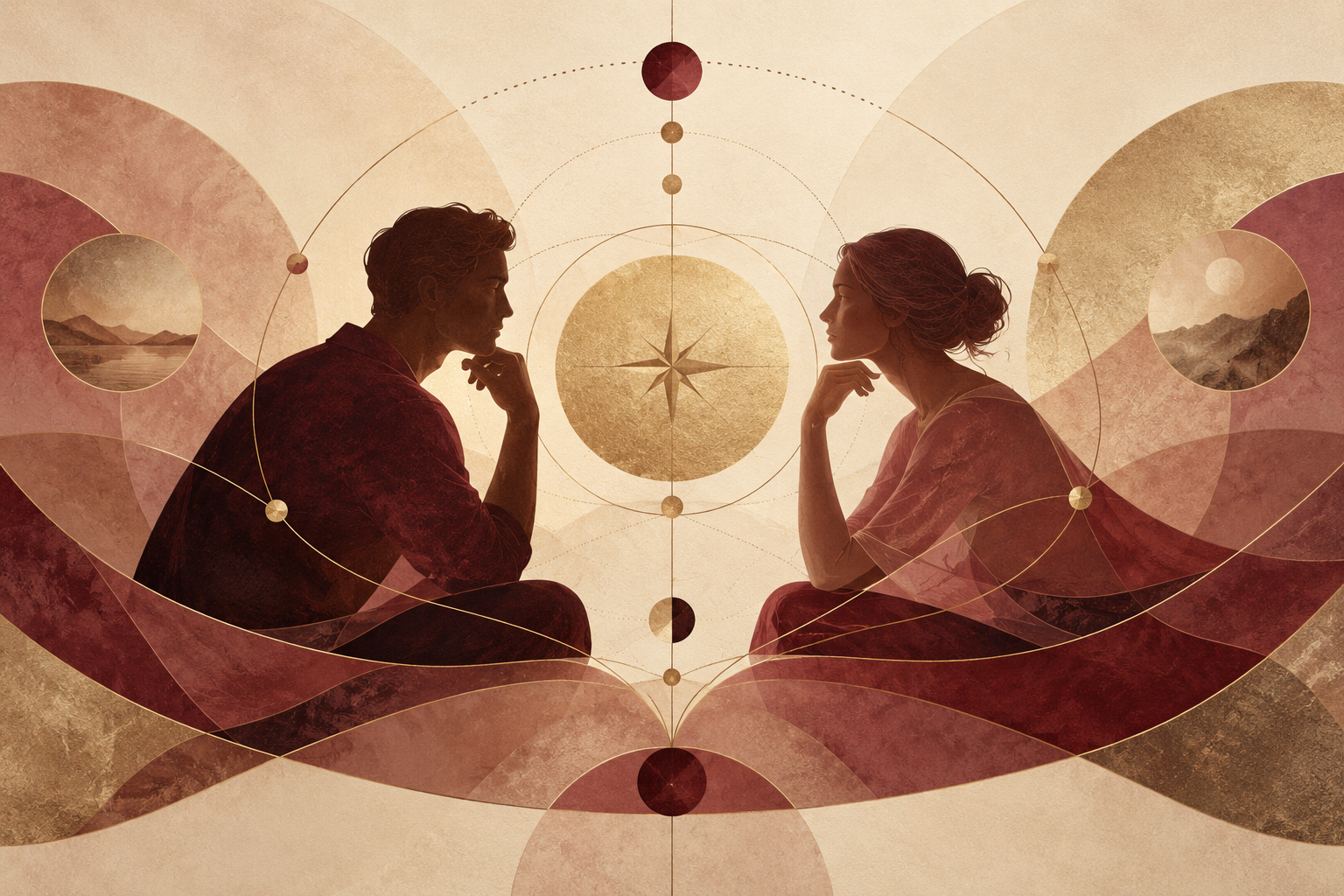Two people in reflective dialogue framed by compass-like Relationship Intelligence geometry