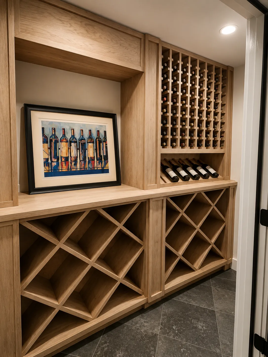 Custom white oak wine room cabinetry with bottle racks and diamond wine bins