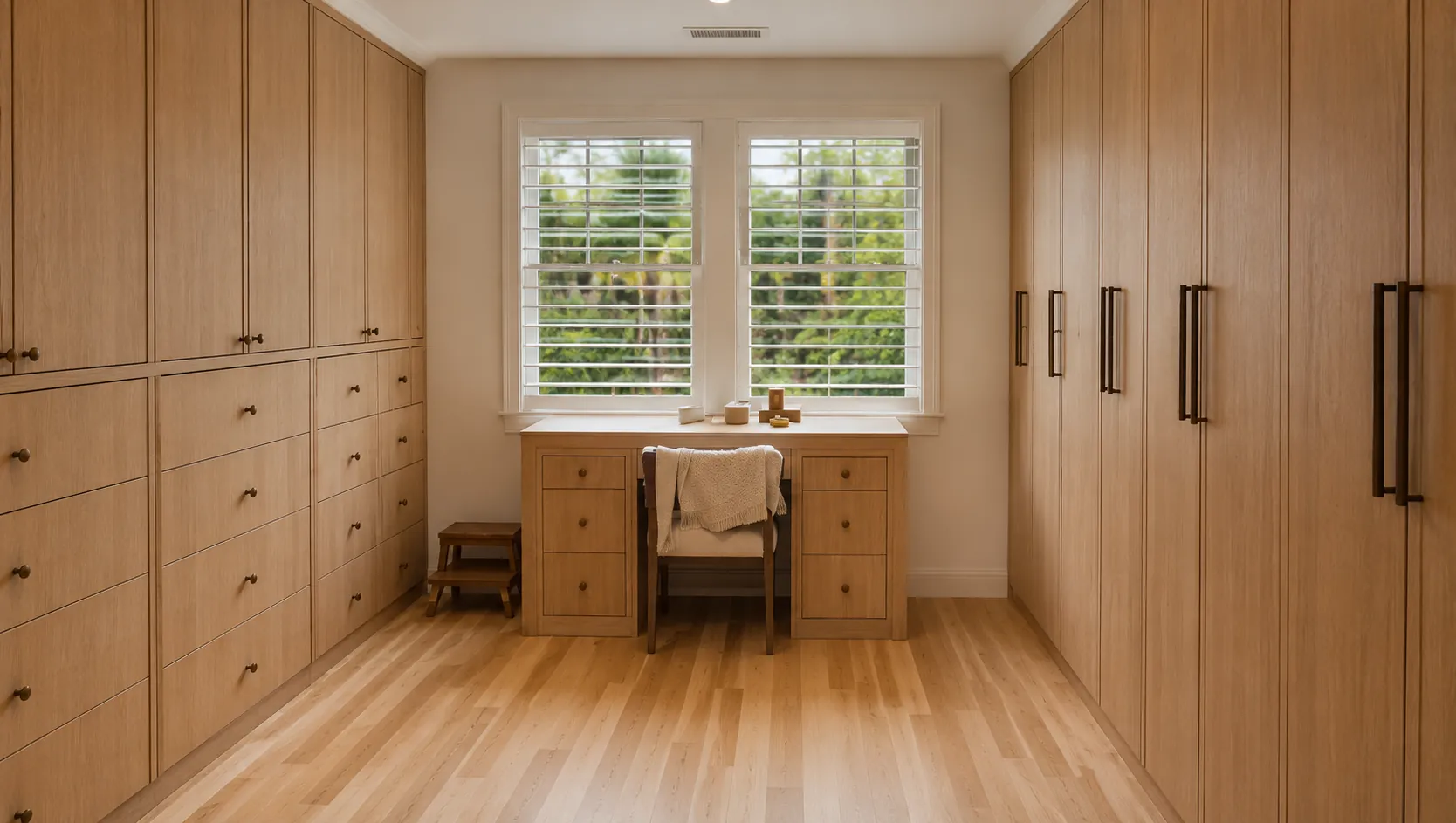 Walk-in closet with floor-to-ceiling white oak cabinetry and built-in desk under window