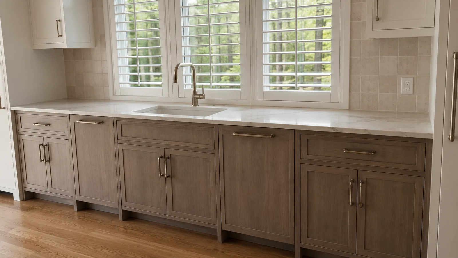 Custom gray-stained shaker base cabinets with stone countertop below shuttered windows