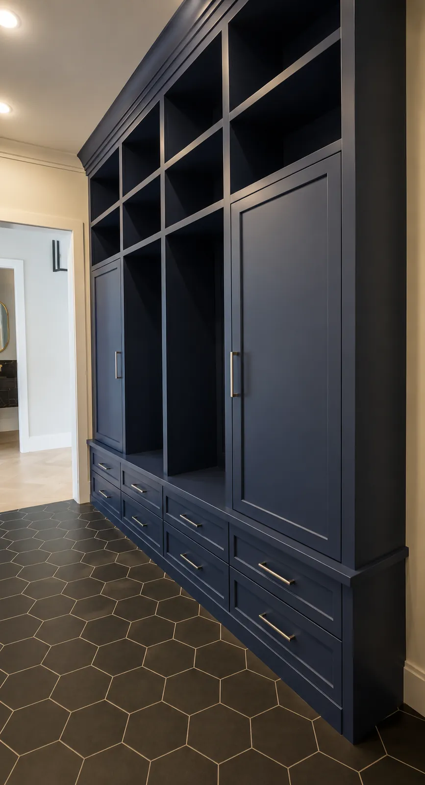 Navy blue custom mudroom built-in with open cubbies, cabinets, and drawers over hexagon tile floor
