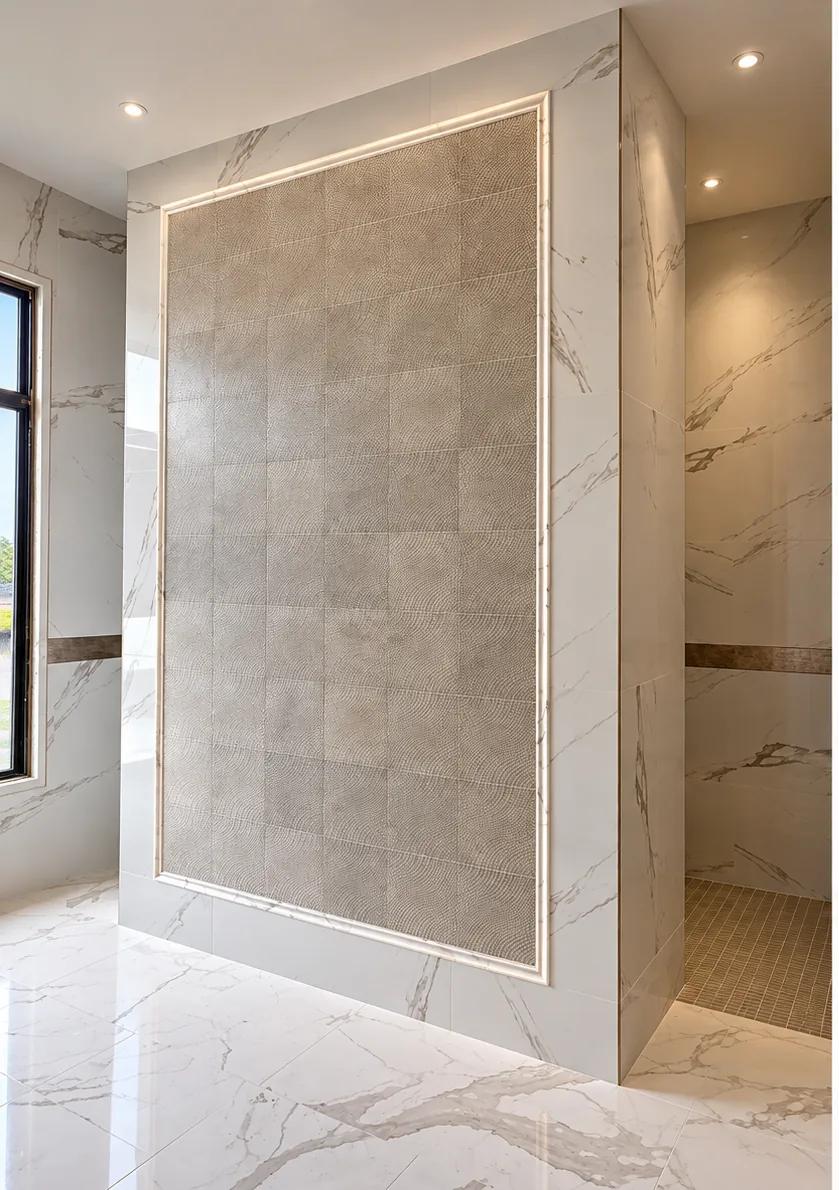 Cape Coral master shower with a framed textured-tile accent wall, marble-look wall and floor tile, and a mosaic shower floor