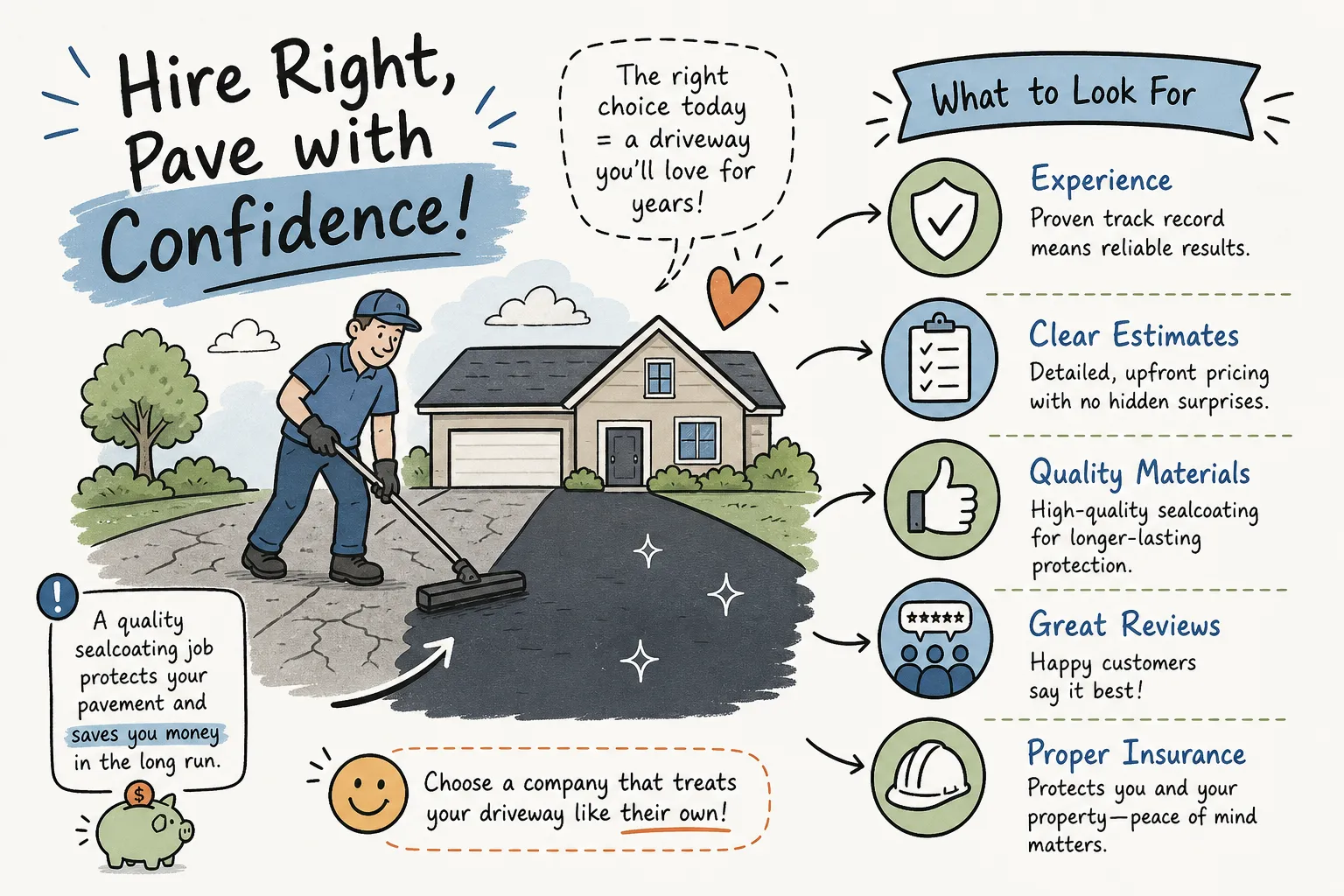 Infographic showing what to look for when hiring a sealcoating company, including experience, clear estimates, quality materials, great reviews, and proper insurance, with an illustration of a freshly sealcoated residential driveway