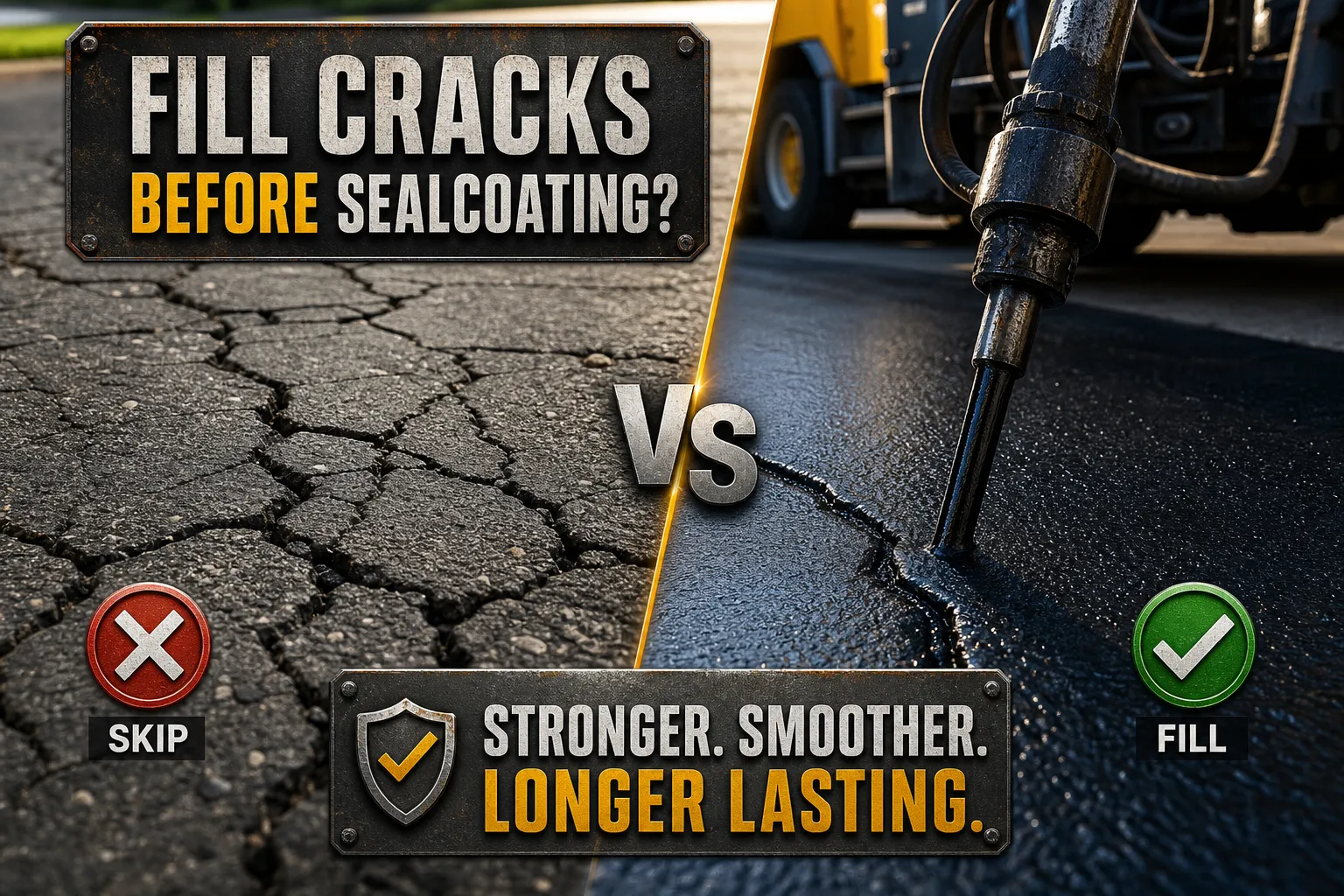 Side-by-side comparison graphic asking "Fill Cracks Before Sealcoating?" — left side shows severely cracked and alligator-fractured asphalt pavement with a red X labeled "Skip," right side shows a crack being professionally filled with hot rubberized sealant using commercial equipment with a green checkmark labeled "Fill," centered banner reads "Stronger. Smoother. Longer Lasting." — educational content from First Due Sealcoat & Striping, Middle Tennessee's firefighter-owned pavement maintenance company.