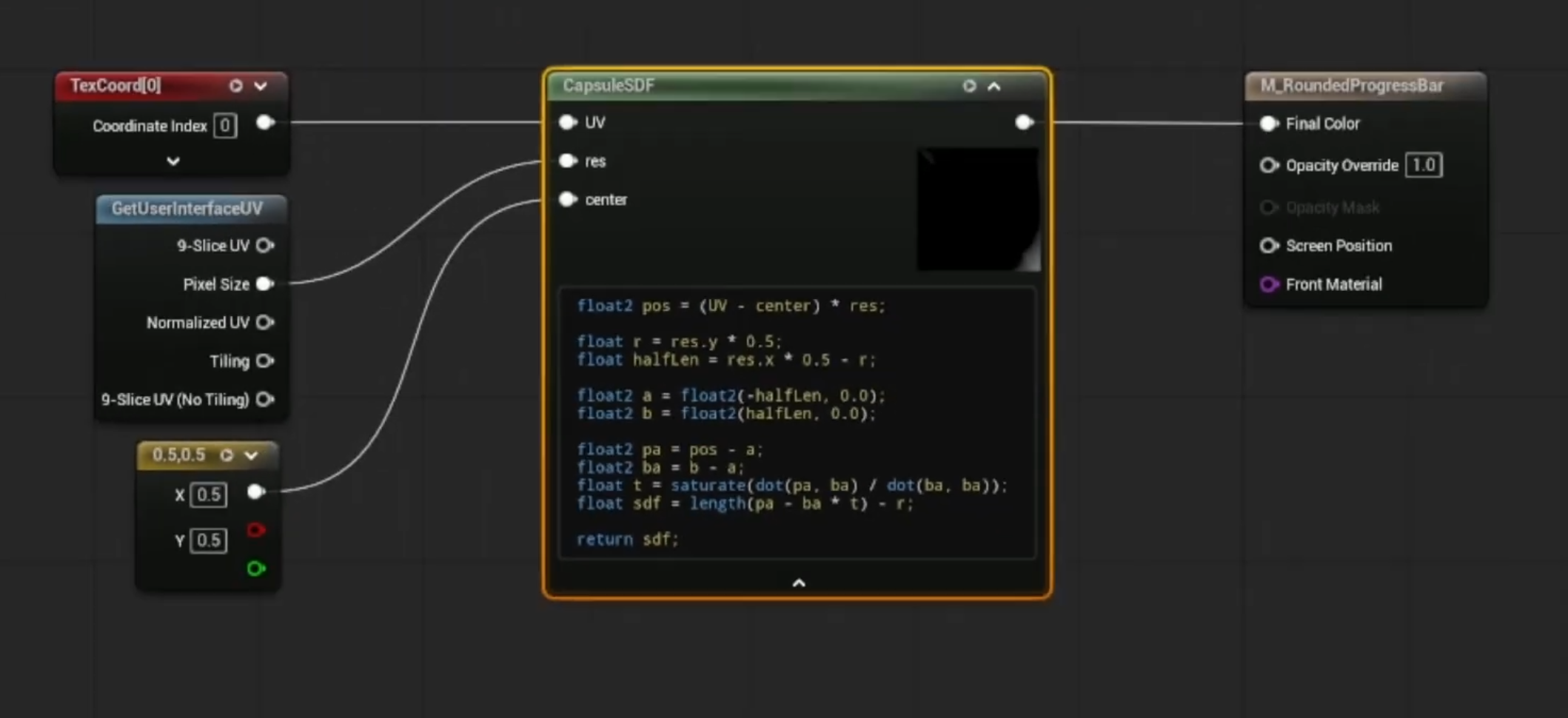 SDF function for a capsule in unreal engines material editor SDF function for a capsule in unreal engines material editor