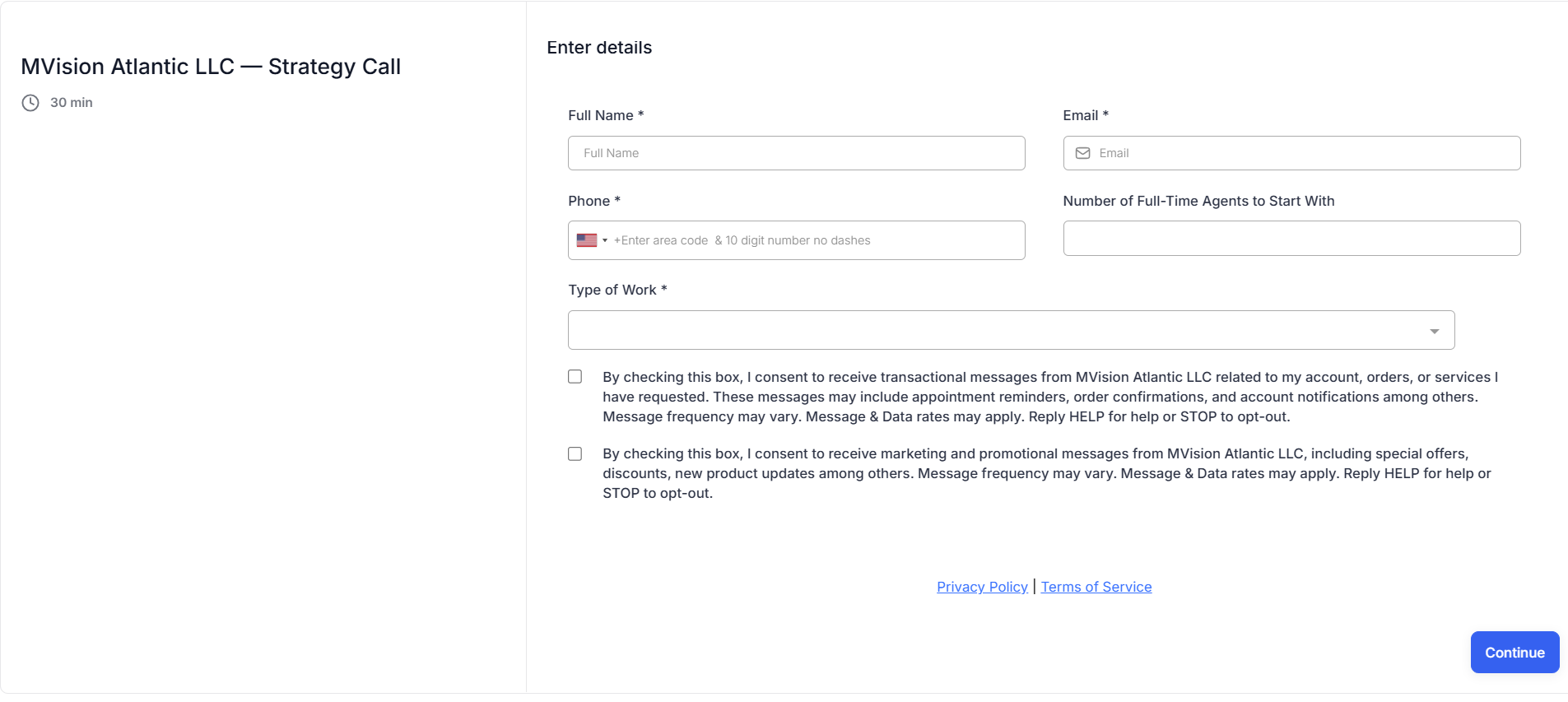 The booking form at staffingcallcenter.com/calendar, showing both consent checkboxes unchecked