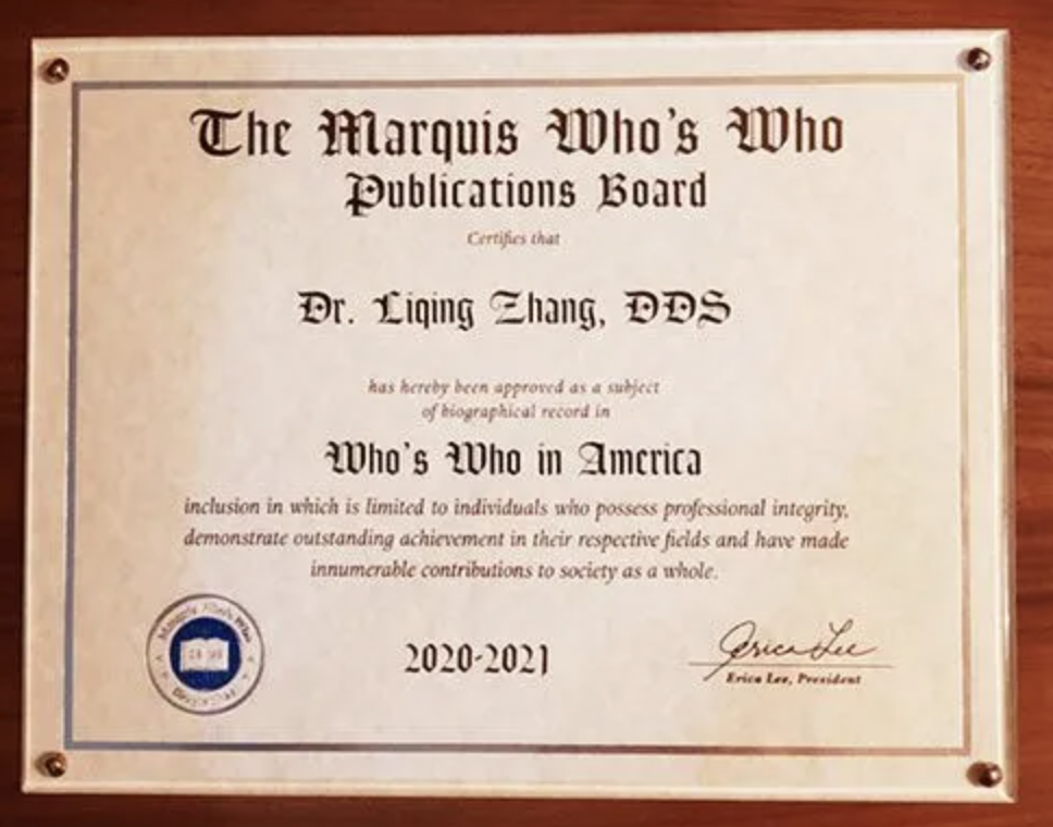 Marquis Who's Who in America 2020-2021 — Dr. Liqing Zhang DDS
