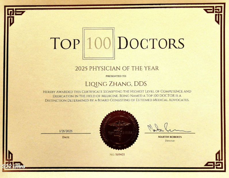 Top 100 Doctors 2025 Physician of the Year award — Dr. Liqing Zhang DDS