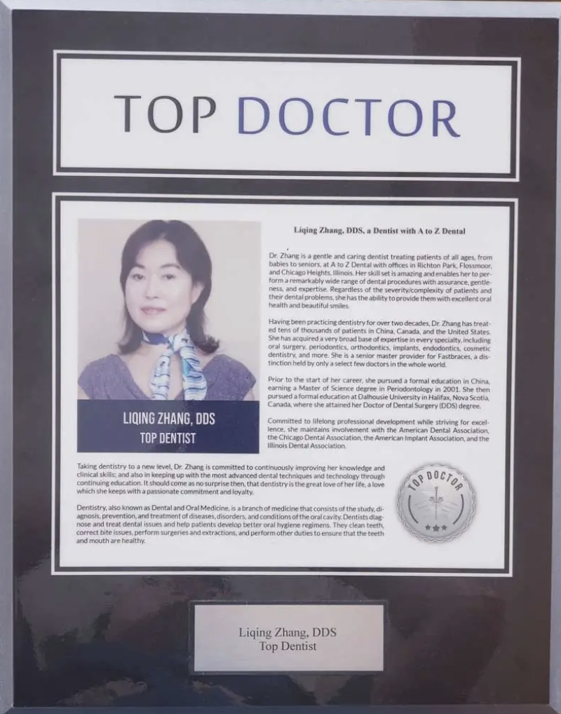 Top Doctor award plaque presented to Dr. Liqing Zhang DDS