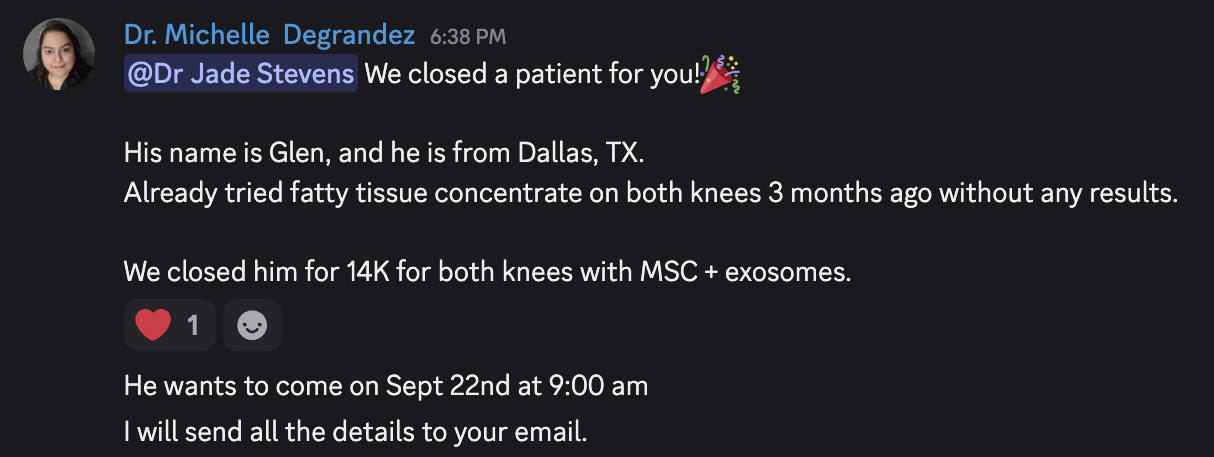 $14K closed treatment plan — Glen, Dallas TX, both knees MSC + exosomes