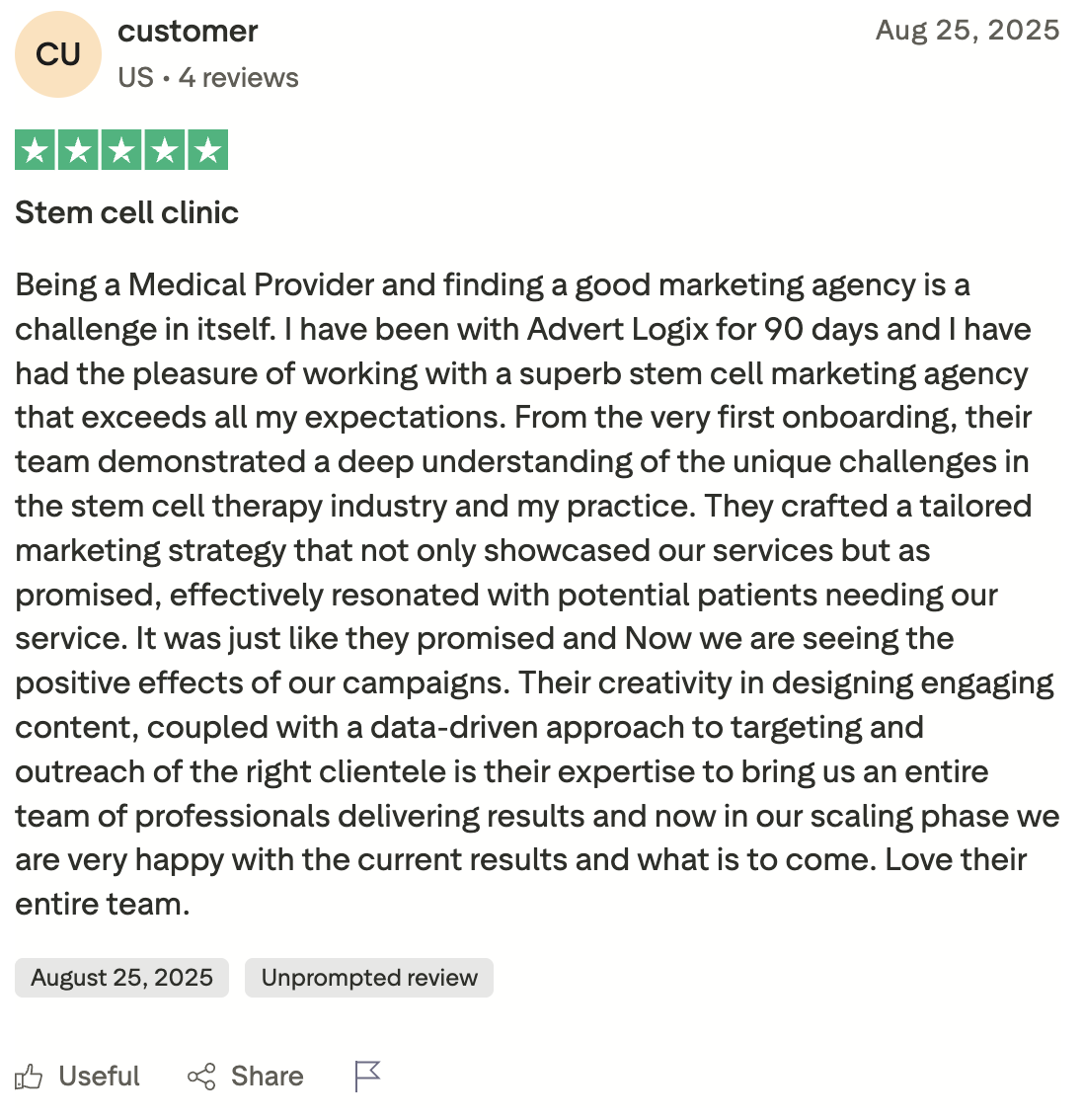 Verified medical provider — five star Trustpilot review of Advert Logix's stem cell marketing