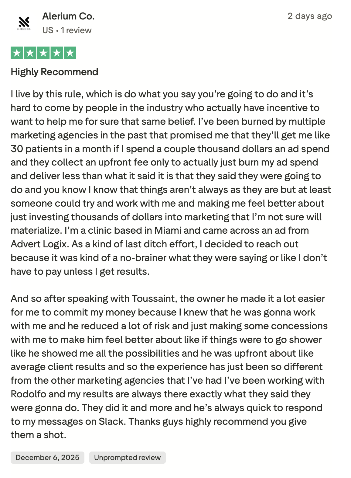 Alerium Co. — five star Trustpilot review of Advert Logix