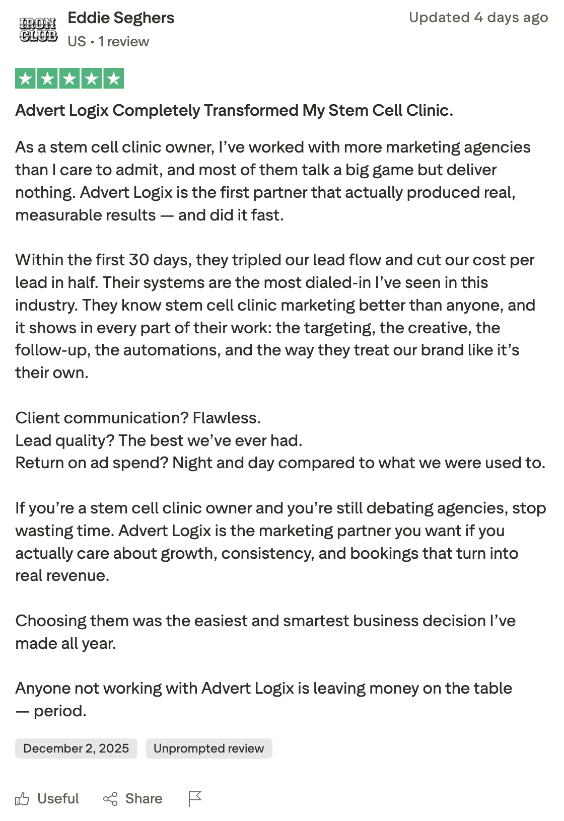 Eddie Seghers — five star Trustpilot review of Advert Logix